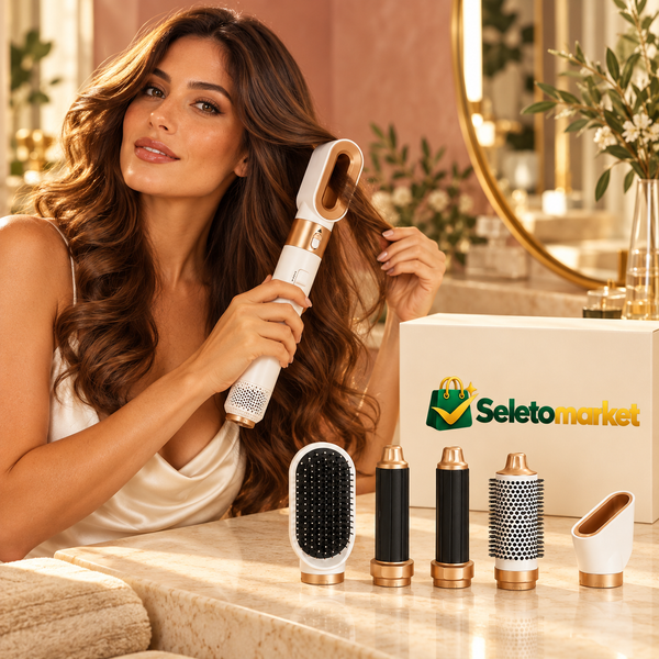 Mulher brasileira usando a escova modeladora e embalagem SeletoMarket
