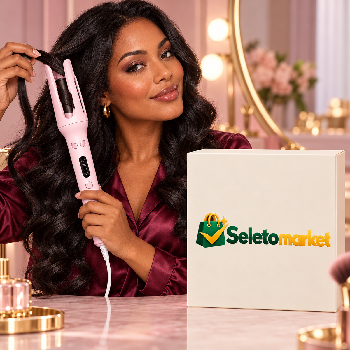 Mulher brasileira usando modelador automático com embalagem SeletoMarket