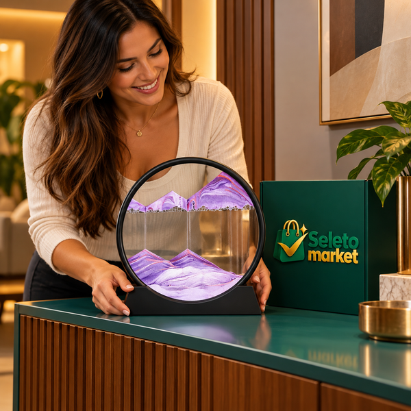 Mulher brasileira observando o quadro de areia em cenário de decoração com identidade SeletoMarket