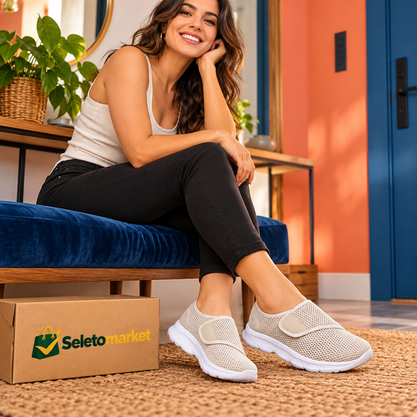 Usuária brasileira usando tênis de malha com caixa SeletoMarket