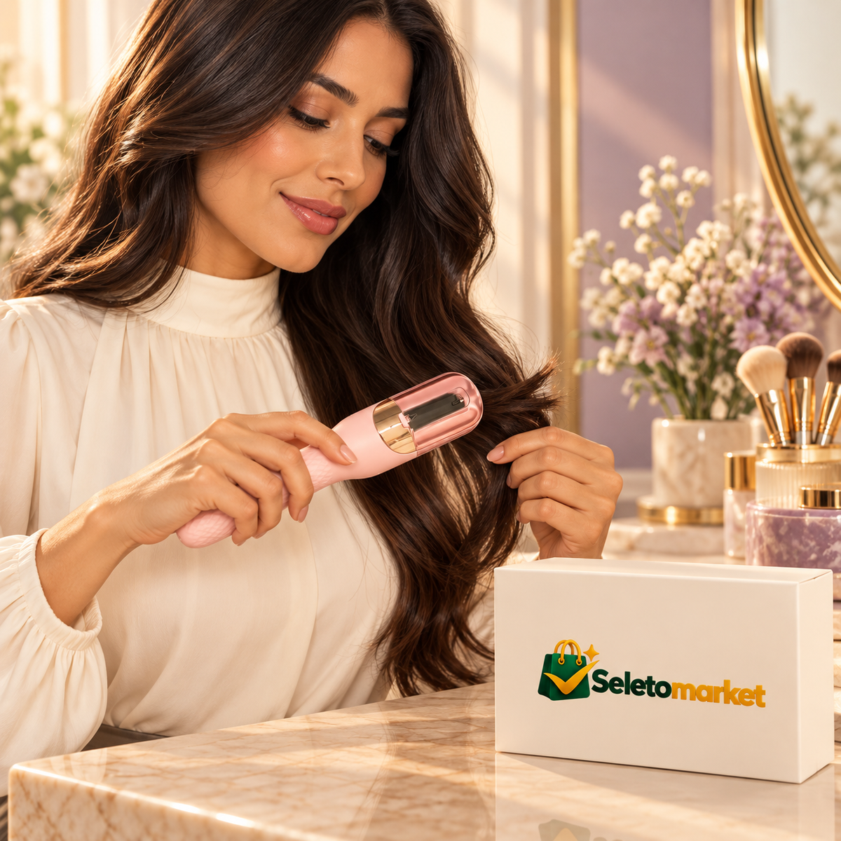 Mulher adulta usando o aparador rosa em ambiente lilás, com embalagem SeletoMarket