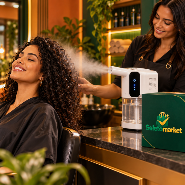 Mulher adulta usando vaporizador capilar ao lado da embalagem SeletoMarket