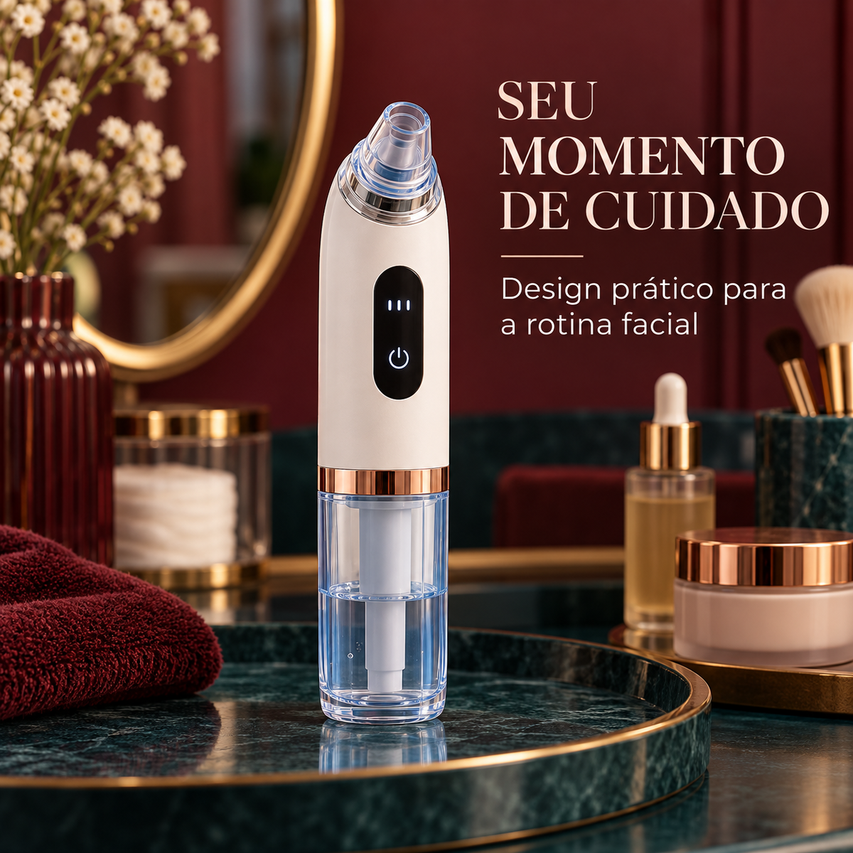 Aparelho facial com mensagem em português sobre rotina de cuidado