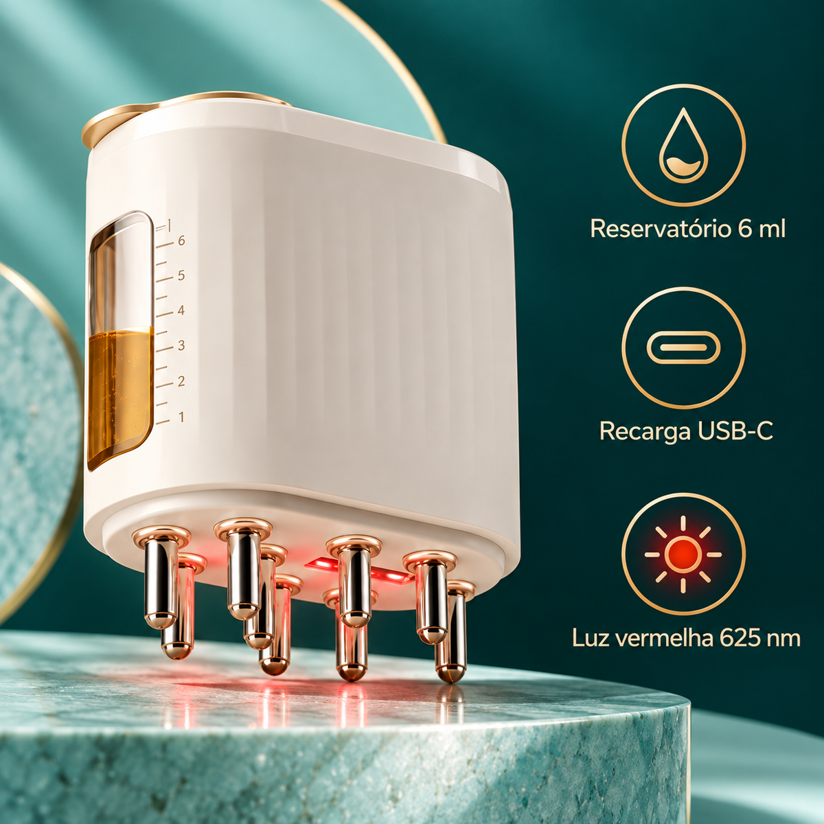 Aplicador capilar com reservatório de 6 ml, recarga USB-C e luz vermelha