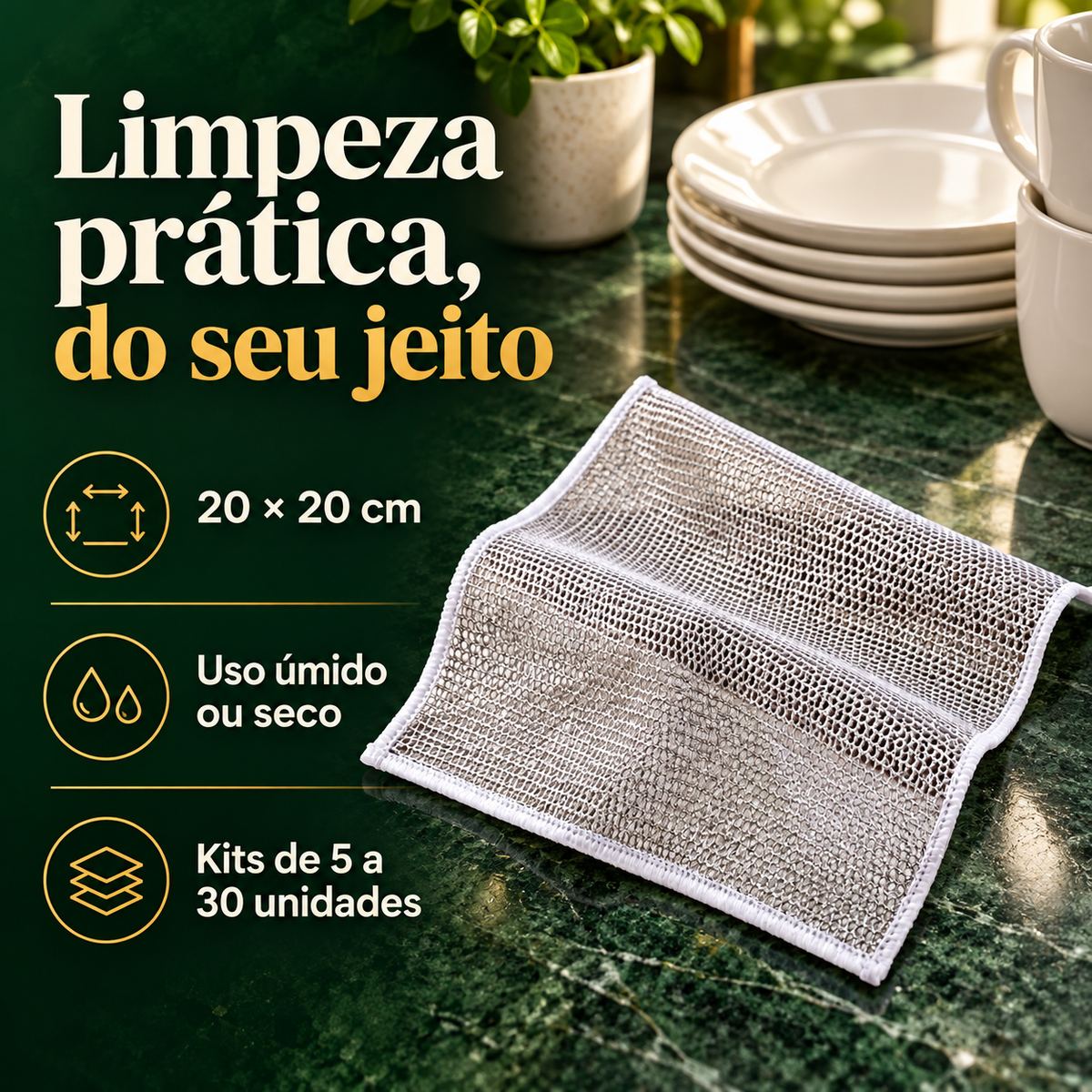 Pano esponja de malha: 20 x 20 cm, uso úmido ou seco e kits de 5 a 30 unidades
