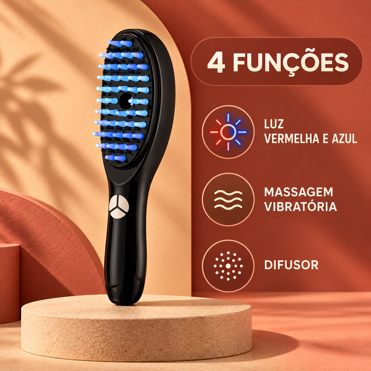 Infográfico da escova capilar com luz vermelha e azul, massagem vibratória e difusor