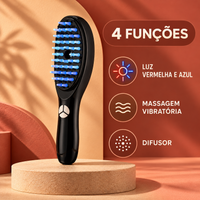 Infográfico da escova capilar com luz vermelha e azul, massagem vibratória e difusor