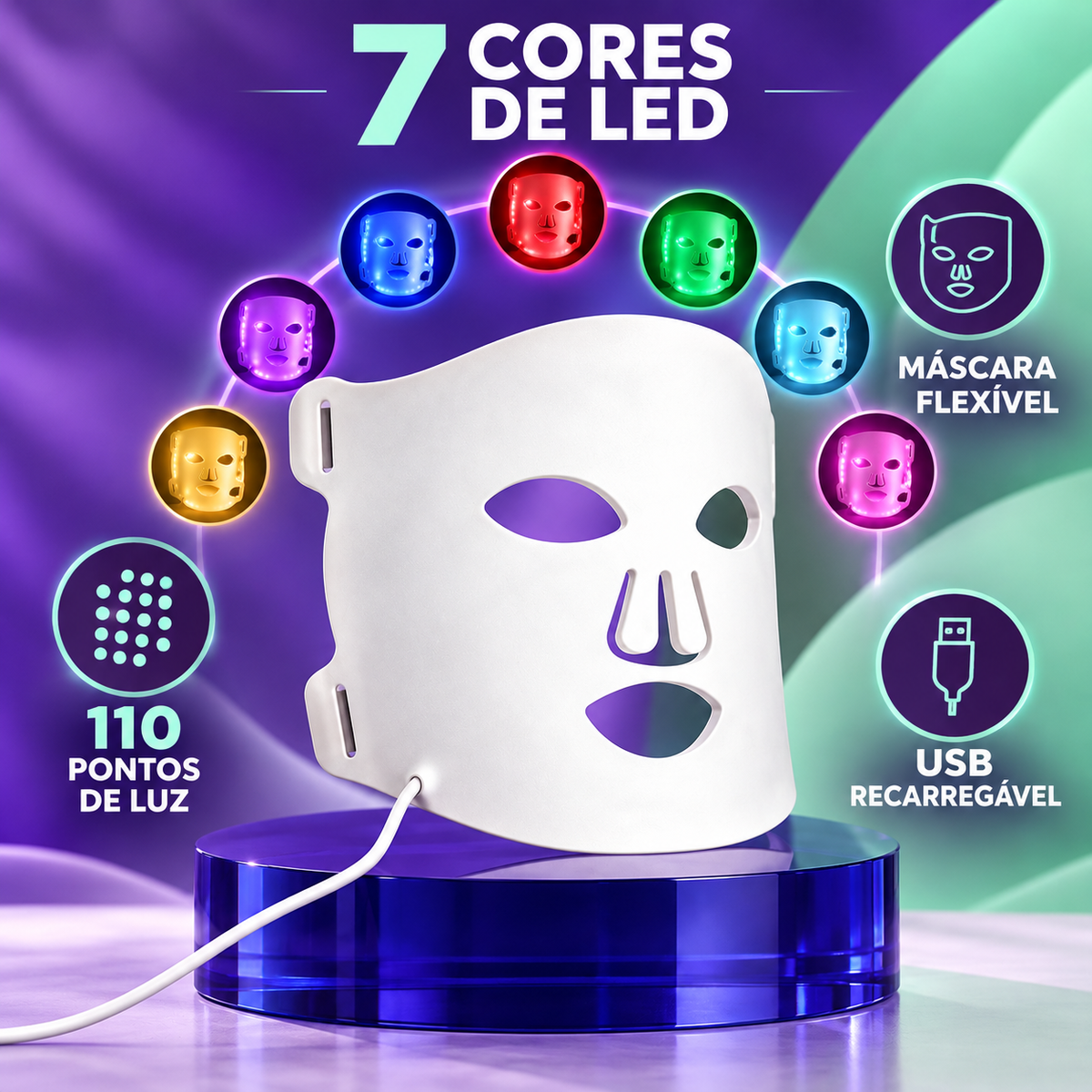 Máscara facial LED branca com indicação de sete cores, 110 LEDs e recarga USB