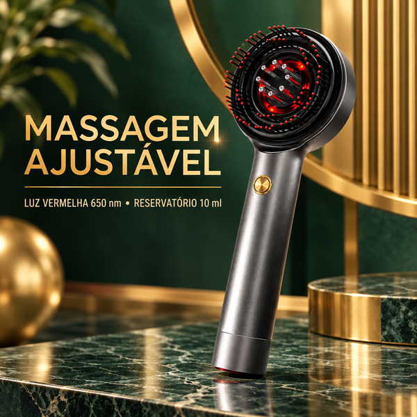 Escova massageadora com modos ajustáveis, luz vermelha de 650 nm e reservatório de 10 ml