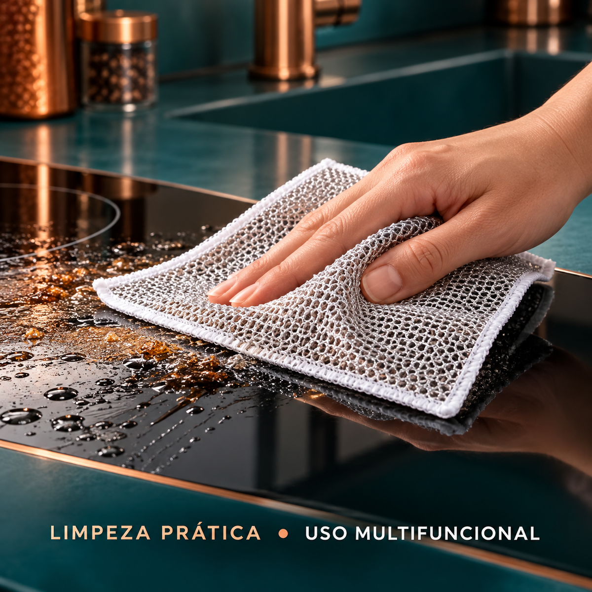 Pano de malha em detalhe usado para limpeza prática na cozinha