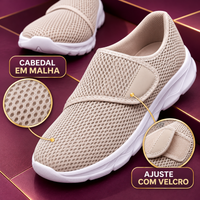 Detalhe do cabedal de malha e ajuste com velcro