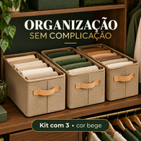 Visual promocional do kit com três organizadores bege