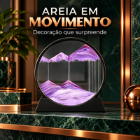 Quadro de areia em movimento, com mensagem em português sobre novos cenários