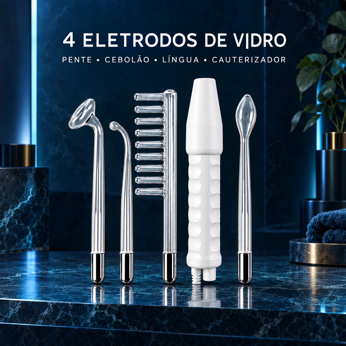 Aparelho de alta frequência com quatro eletrodos de vidro: pente, cebolão, língua e cauterizador