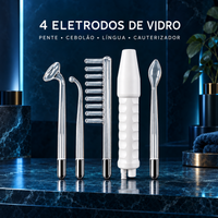 Aparelho de alta frequência com quatro eletrodos de vidro: pente, cebolão, língua e cauterizador