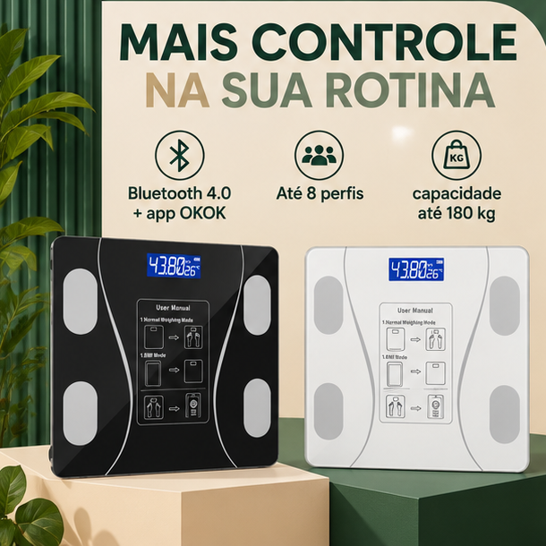 Balança inteligente com Bluetooth, até oito perfis e capacidade de 180 kg