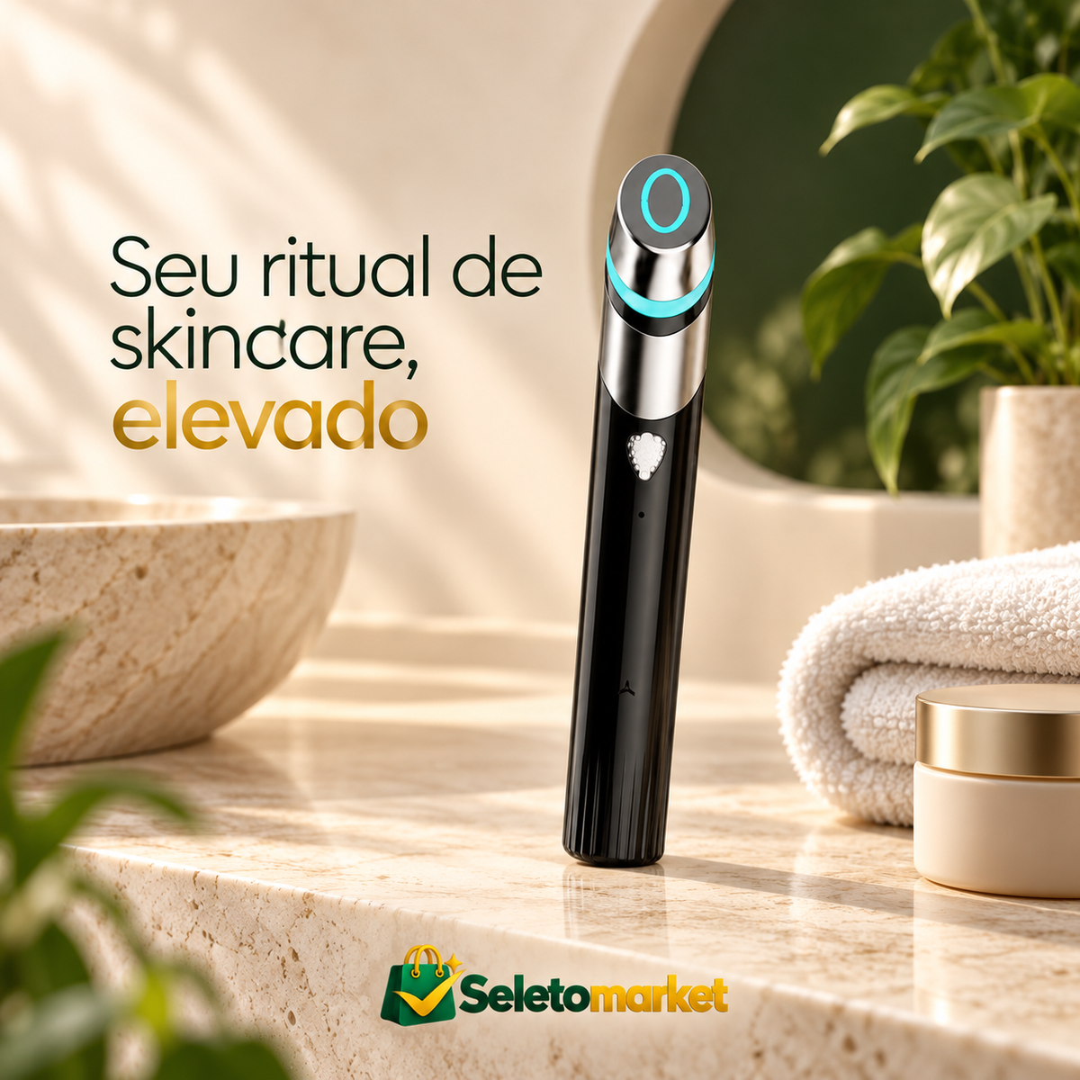 Dispositivo facial SeletoMarket com mensagem sobre o ritual de skincare.