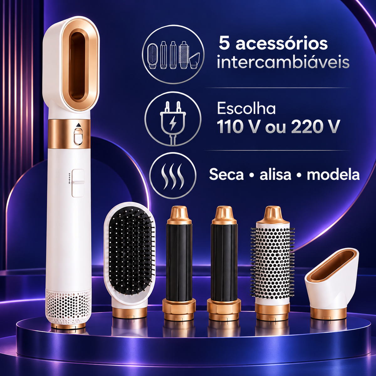 Escova modeladora 5 em 1 com opções 110 V ou 220 V