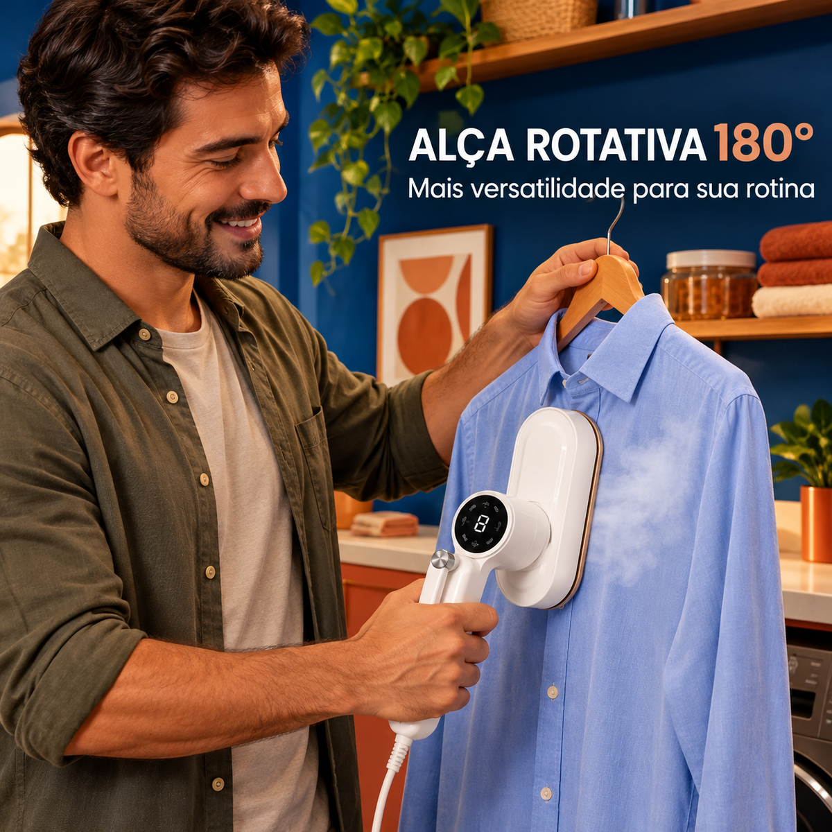 Ferro a vapor SeletoMarket com alça orientável em uso vertical