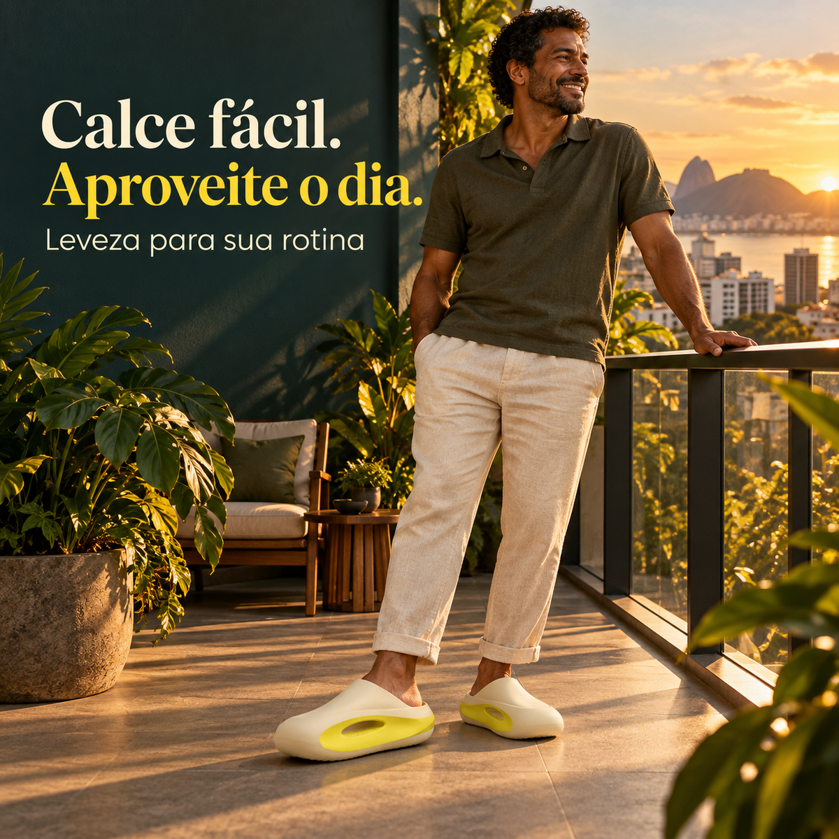 Homem usando o mule creme e amarelo em varanda