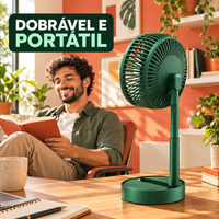 Ventilador portátil verde visto por trás em ambiente doméstico com usuário