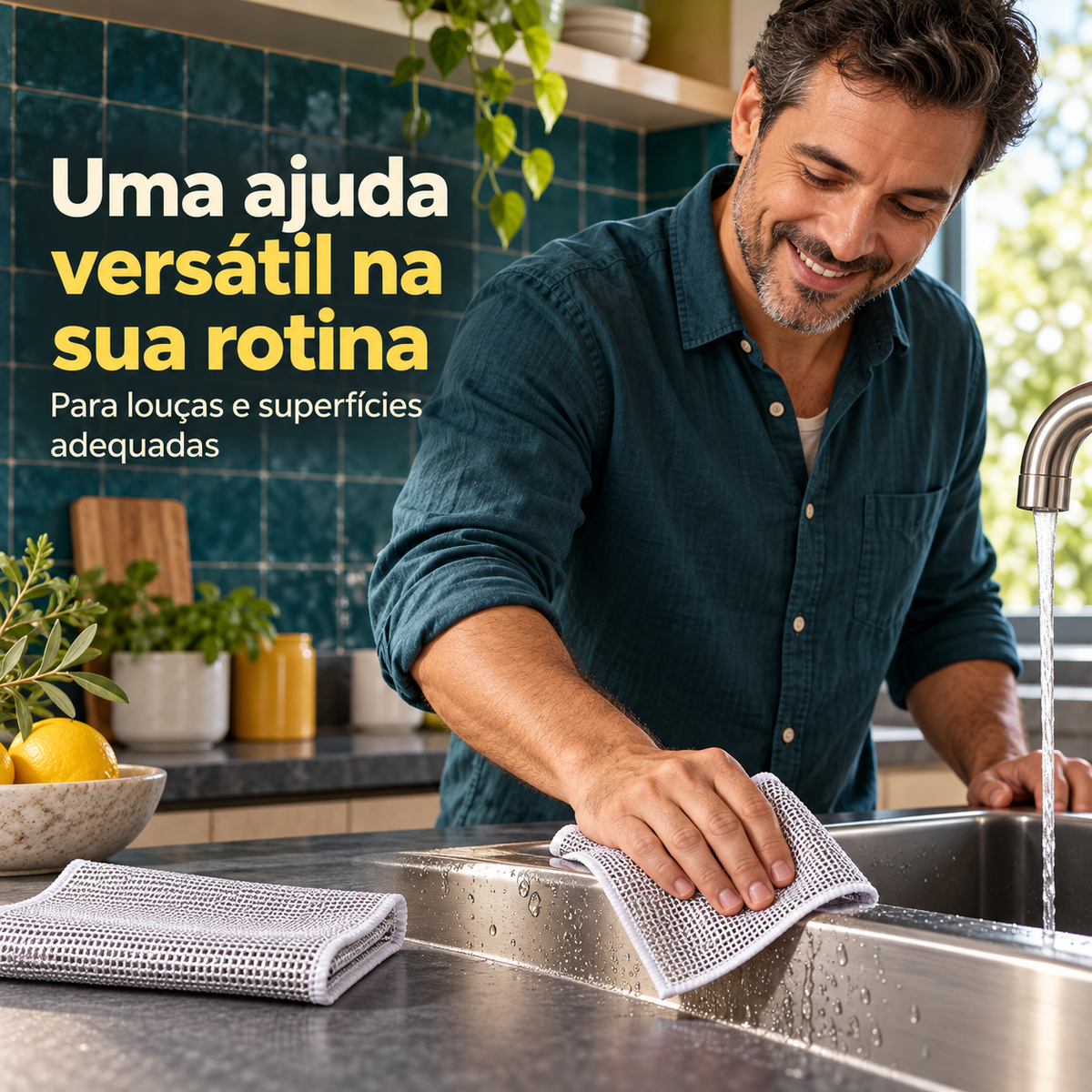 Pessoa usando pano esponja de malha na pia da cozinha