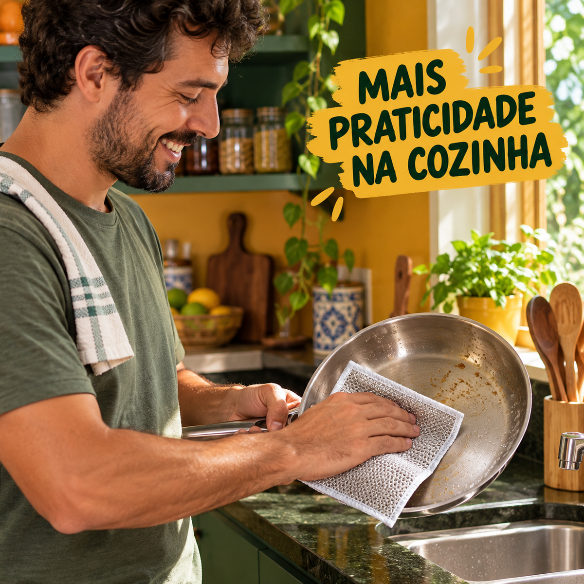 Cliente brasileiro limpando uma panela com pano de malha