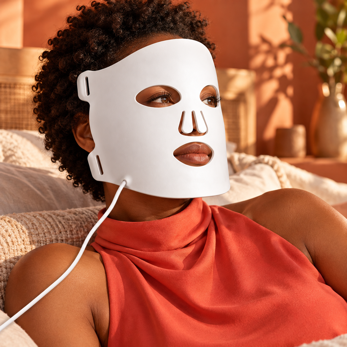 Mulher adulta negra usando máscara facial LED branca em ambiente terracota
