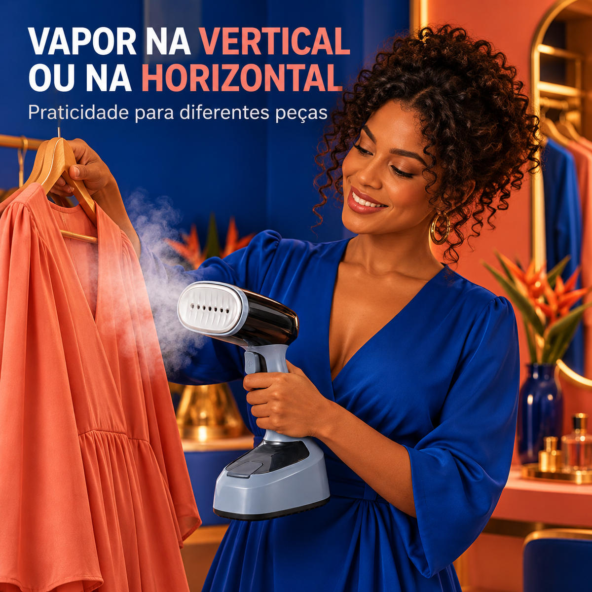 Mulher usando vaporizador em roupa suspensa, na vertical ou horizontal