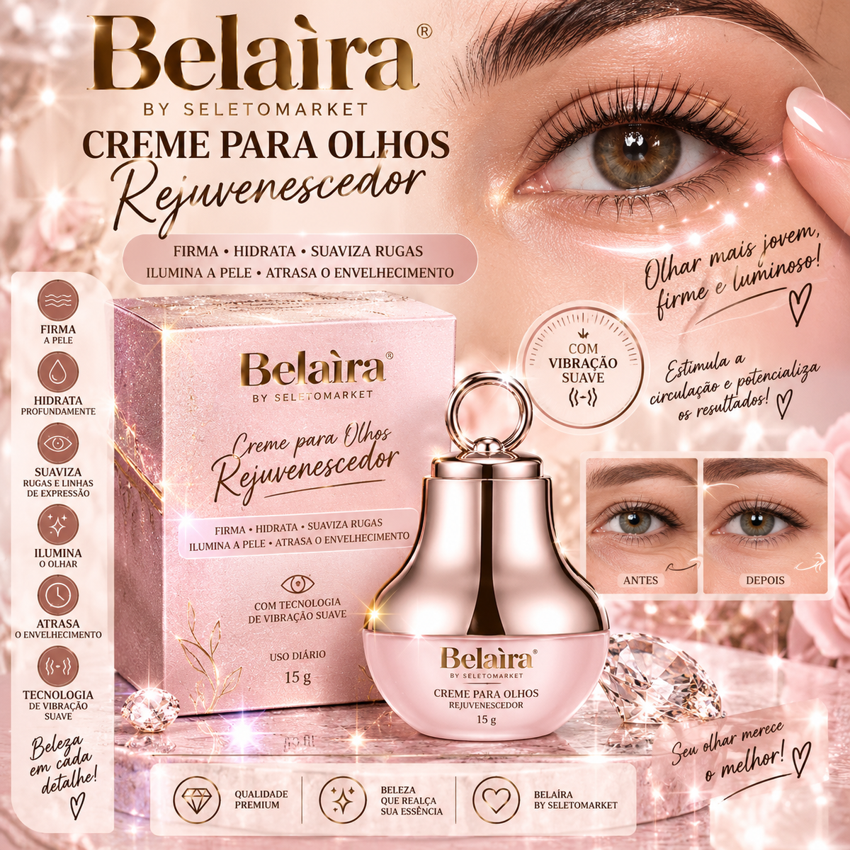 Mockup original do creme para olhos Belaira com embalagem de 15 g