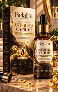 Sérum capilar Belaira com biotina e embalagem, mockup original