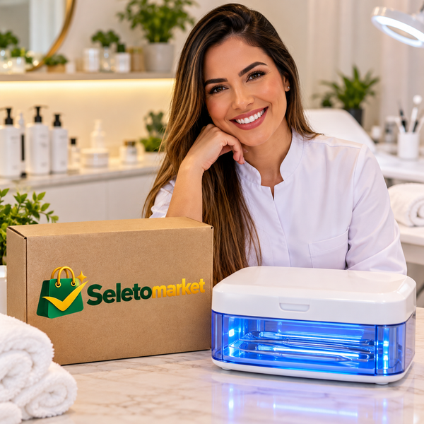 Profissional e embalagem com logo SeletoMarket ao lado da caixa UV-C