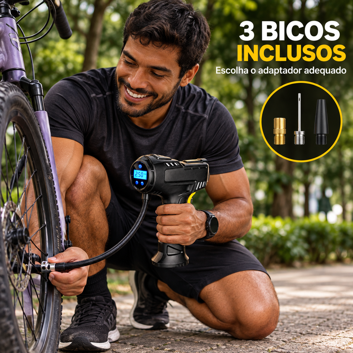 Calibrador portátil sendo usado em pneu de bicicleta