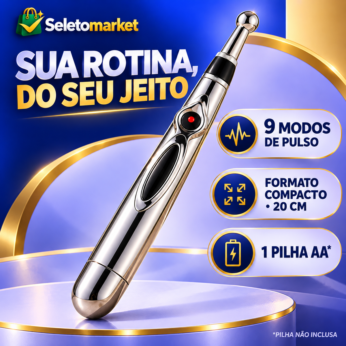 Infográfico da caneta massageadora com nove modos de pulso, 20 cm e uma pilha AA não inclusa