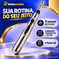 Infográfico da caneta massageadora com nove modos de pulso, 20 cm e uma pilha AA não inclusa