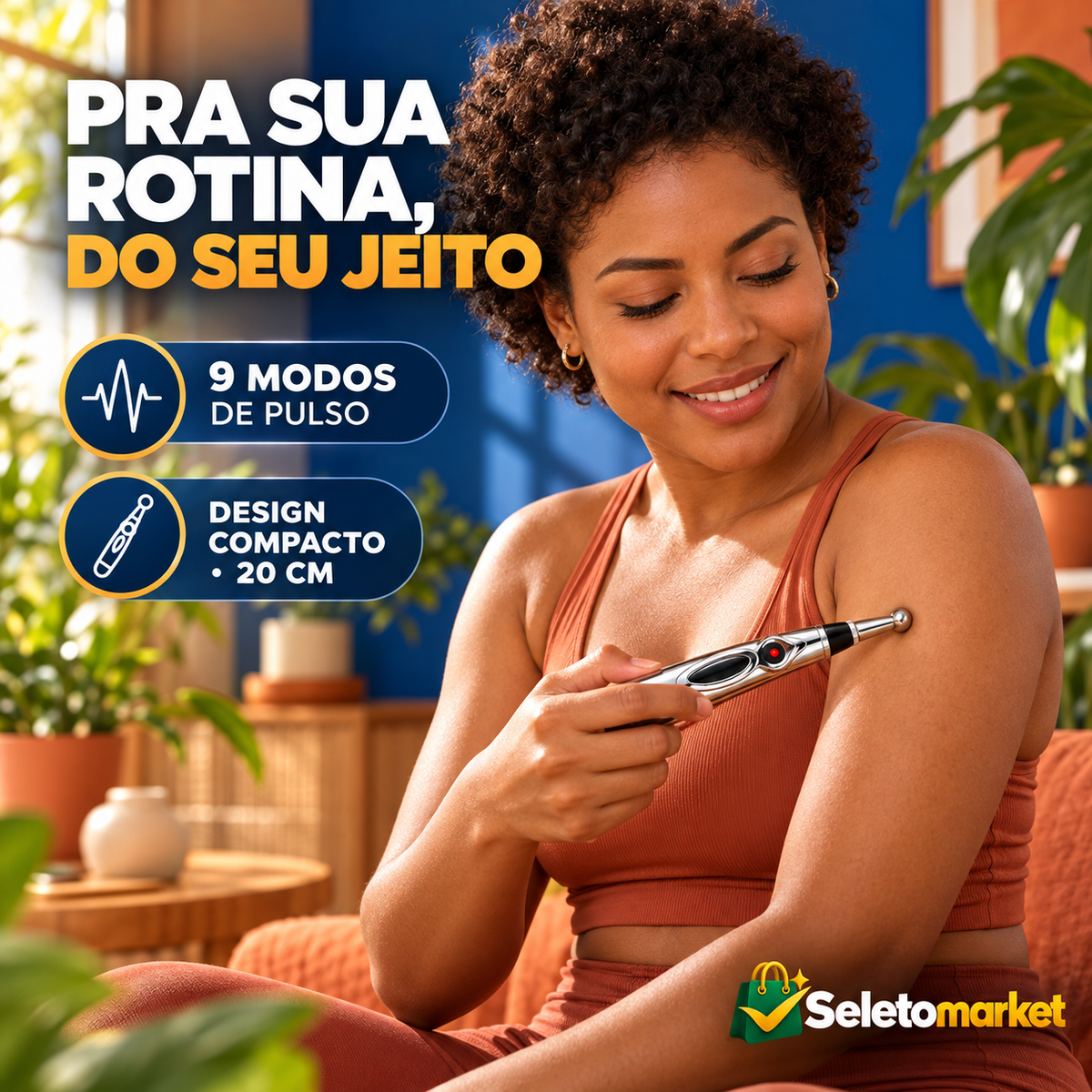 Mulher brasileira usando a caneta massageadora corporal em casa