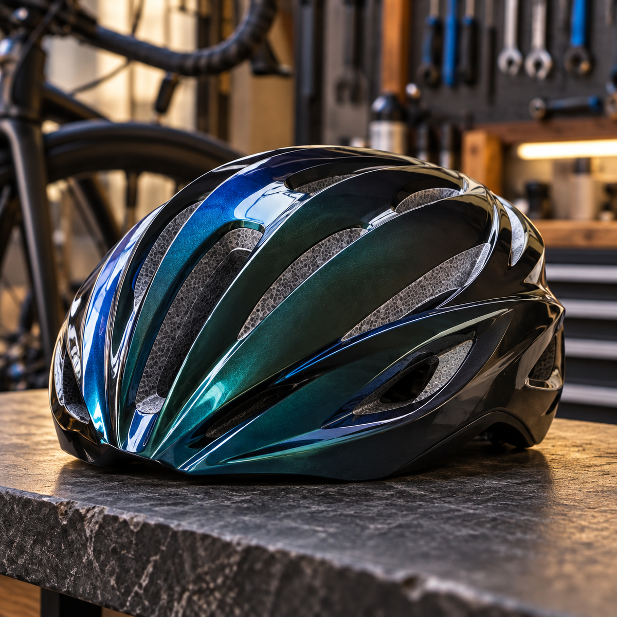 Capacete de ciclismo preto e azul em destaque