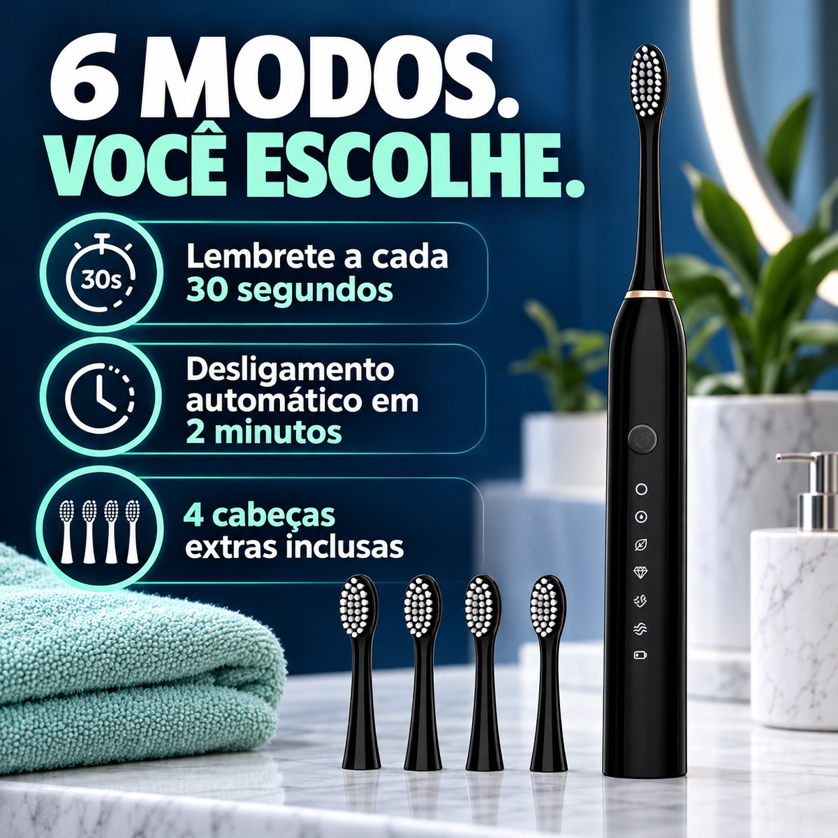 Escova elétrica com seis modos, timer de 2 minutos e quatro cabeças extras