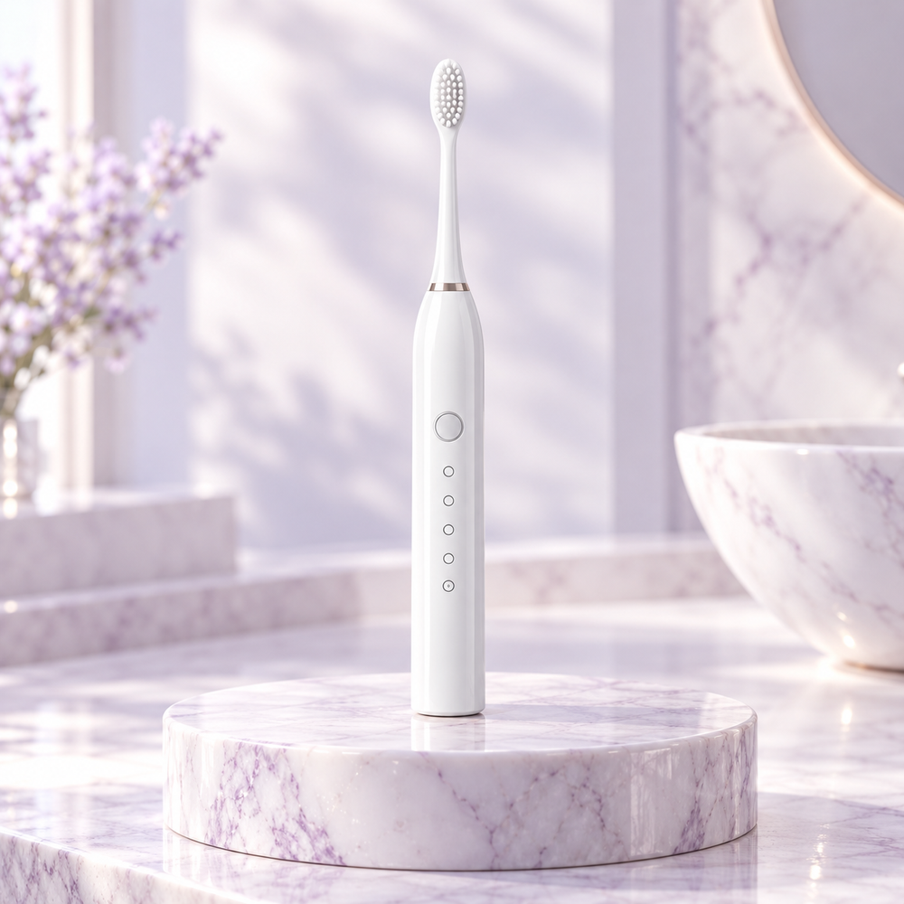Escova de dentes elétrica branca em cenário de lavatório premium