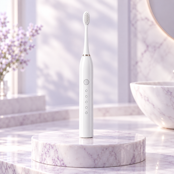 Escova de dentes elétrica branca em cenário de lavatório premium