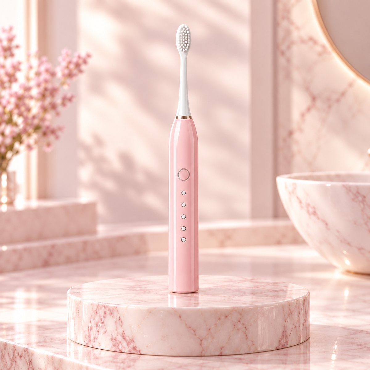 Escova de dentes elétrica rosa com cerdas brancas