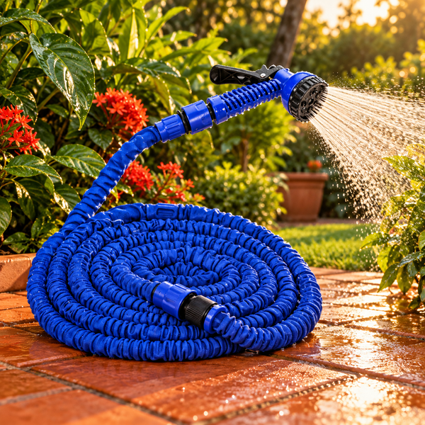 Mangueira expansível azul com esguicho ajustável em jardim