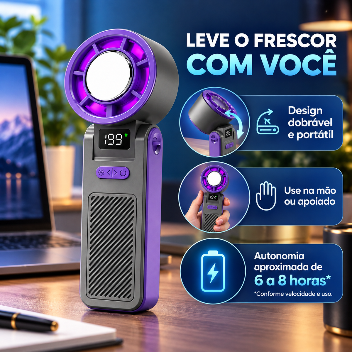 Mini ventilador dobrável de mão ou mesa com autonomia aproximada de 6 a 8 horas