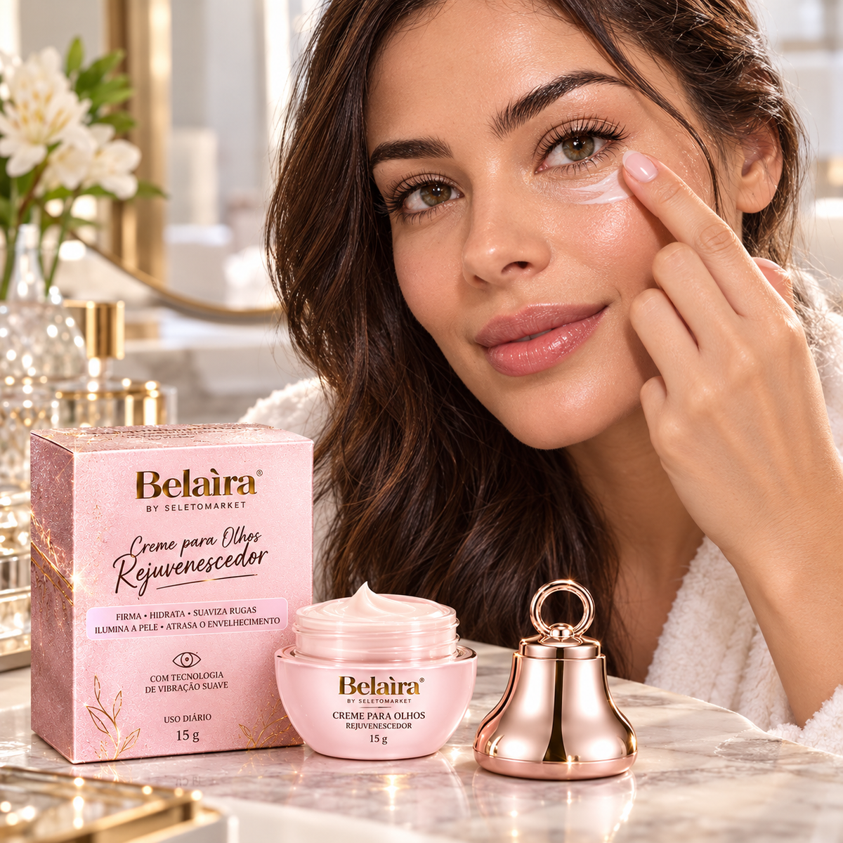 Mulher aplicando o creme para olhos Belaira com as pontas dos dedos
