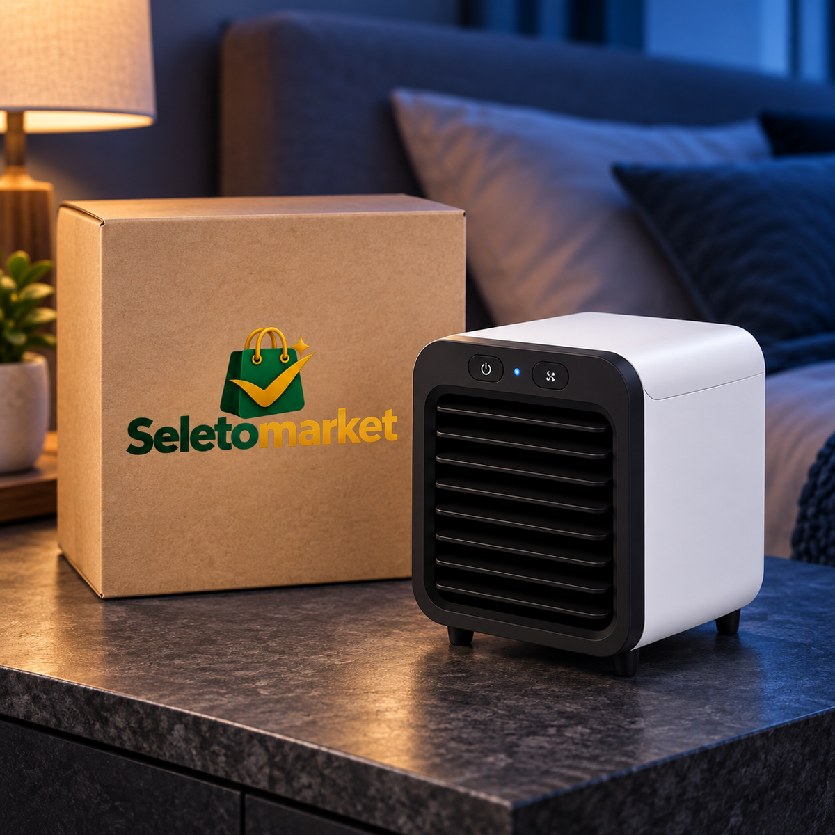 Mini climatizador portátil branco com embalagem SeletoMarket