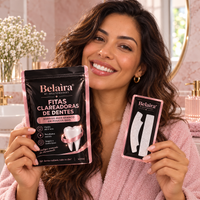 Mulher brasileira apresentando as fitas clareadoras Belaira