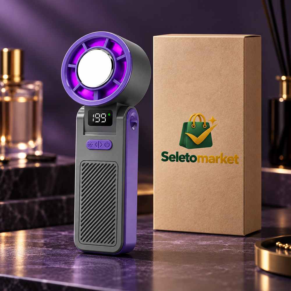 Mini ventilador Kryolux cinza e violeta com caixa SeletoMarket