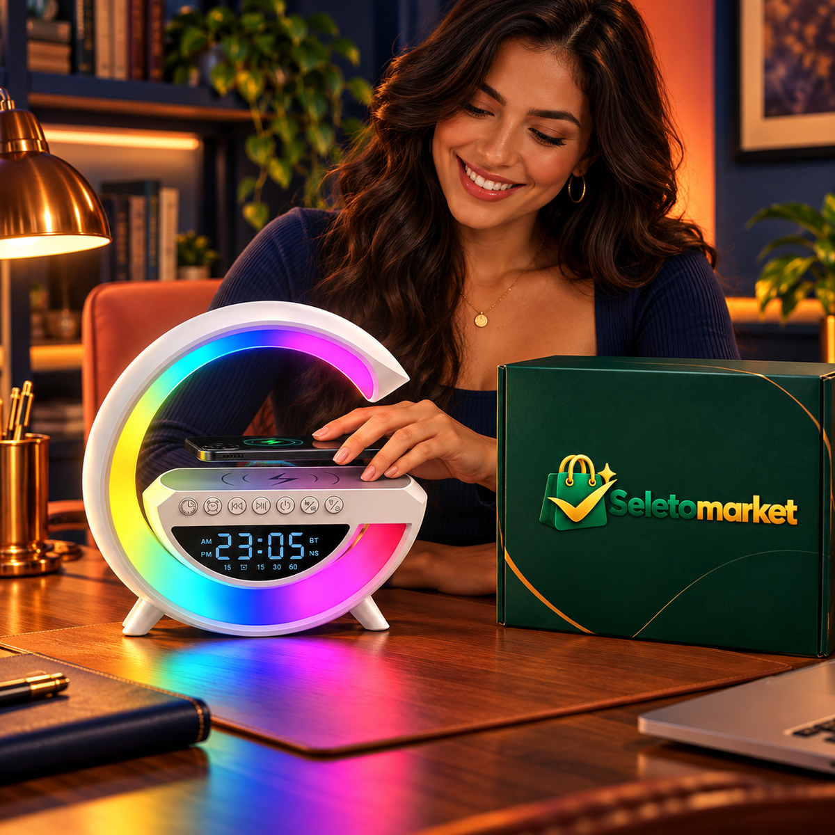 Mulher usando a luminária RGB branca com carregamento por indução e caixa SeletoMarket