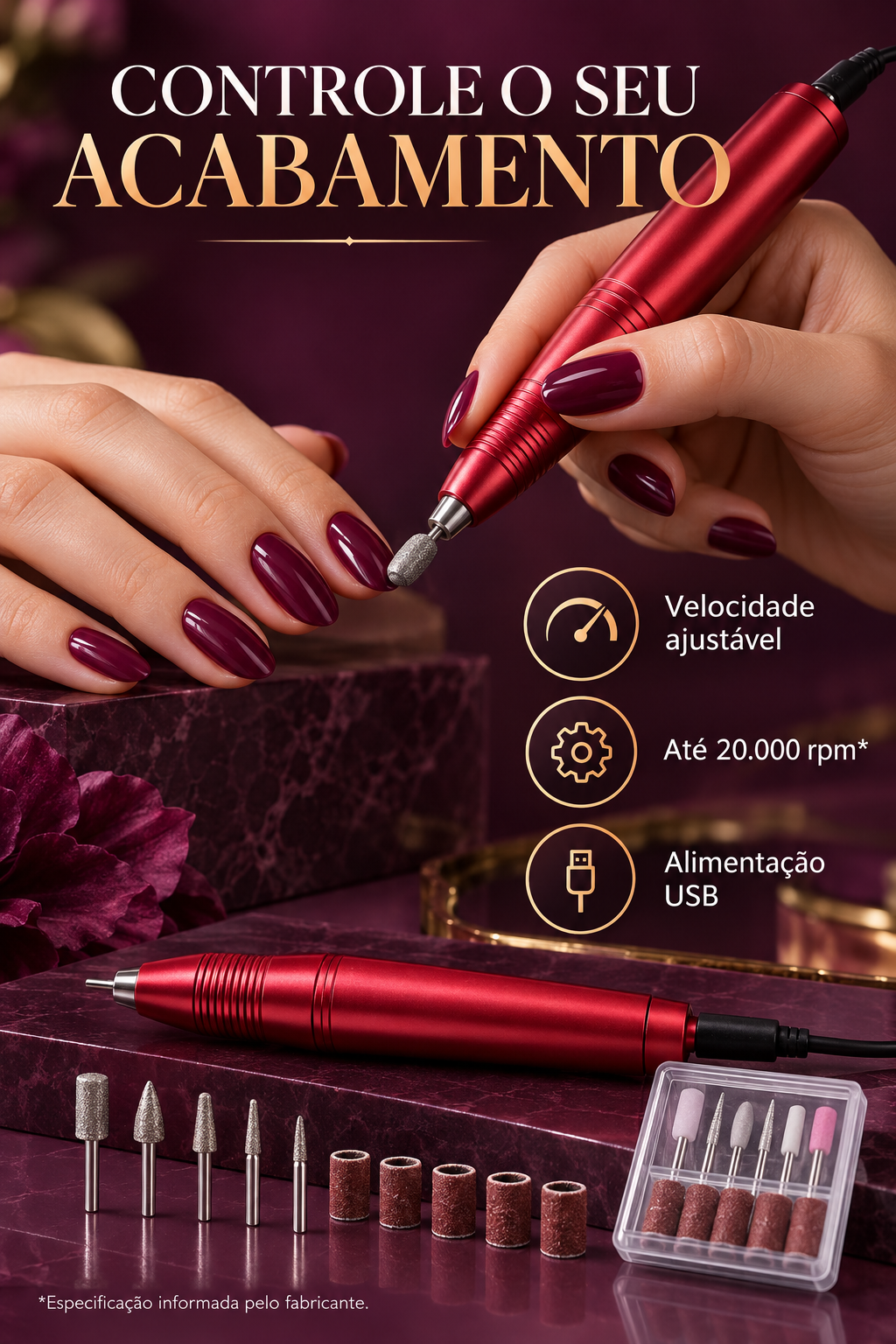 Acabamento das unhas com velocidade ajustável e alimentação USB