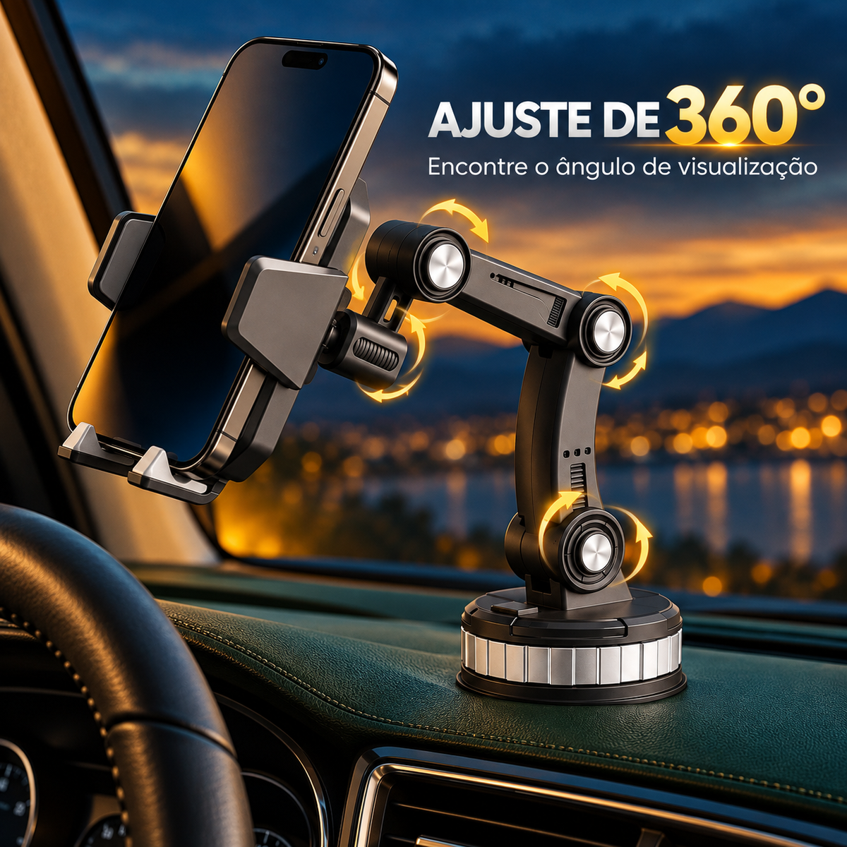 Suporte veicular com braço articulado e rotação de 360 graus
